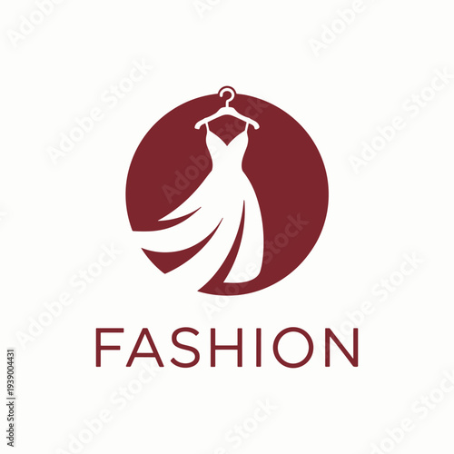 Fashion logo with dress on hanger in maroon circle design element