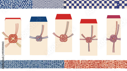 Five traditional Japanese gift envelopes or noshibukuro decorated with colorful paper strings and knot patterns.