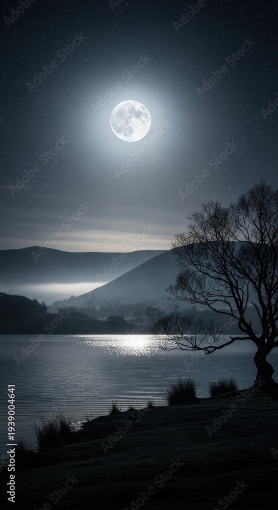 Fototapeta premium Moonlit Serenity - A Tranquil Night Over the Lake.