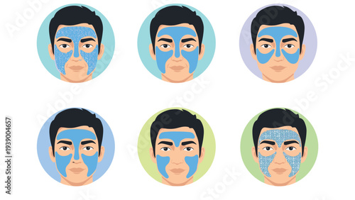 Set of diagrams showing a man with different facial mask application zones for skincare and grooming treatments.
