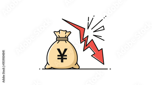Money bag with japanese yen symbol and a red downward trending arrow representing economic decline or loss of value.