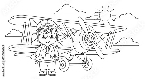 Cartoon Aviator Standing Beside Biplane Aircraft.