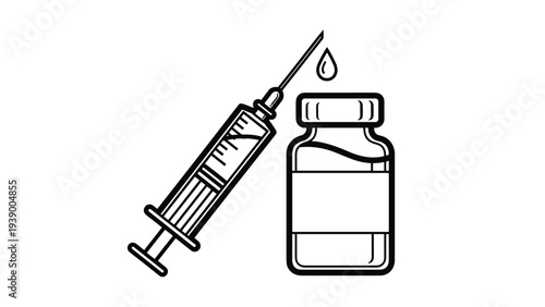Medical syringe and glass vaccine vial bottle in black and white line art style representing vaccination and healthcare.