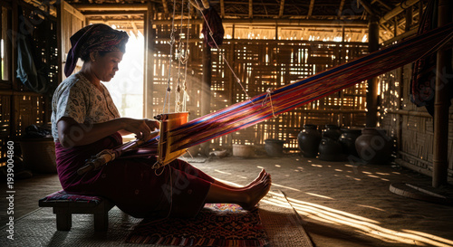 Woman Weaving Fabric on Traditional Loom.