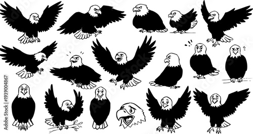 Black and white hand-drawn cartoon bald eagles collection in various poses and expressions, wildlife birds vector line art illustrations