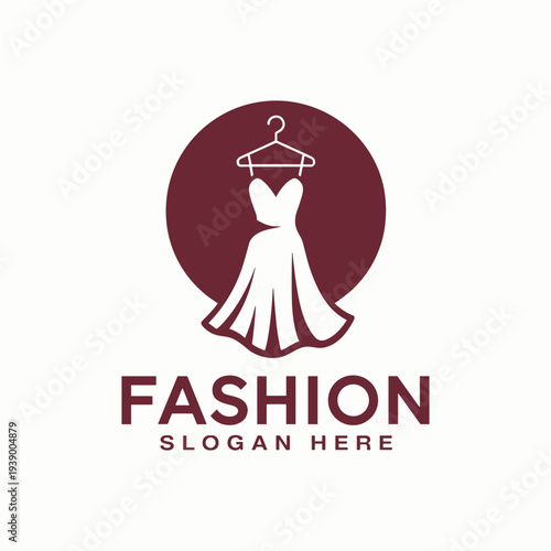 Fashion logo with dress on hanger in maroon circle