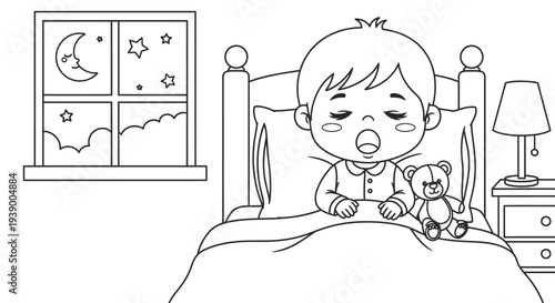 Little boy sleeping with teddy bear.