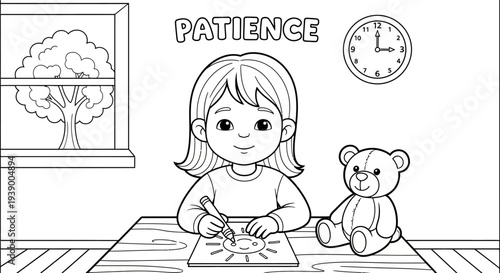 Little girl drawing with crayons coloring.