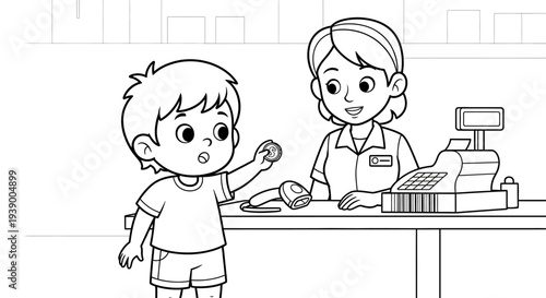 Child and Female Pharmacist at Counter.