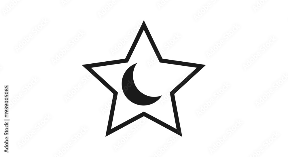 Fototapeta premium Simple Star Outline with Crescent Moon Icon Graphic