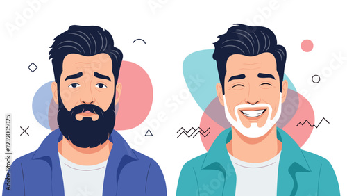 Split portrait illustration of a bearded man showing transition from sad and depressed to happy and joyful emotions.