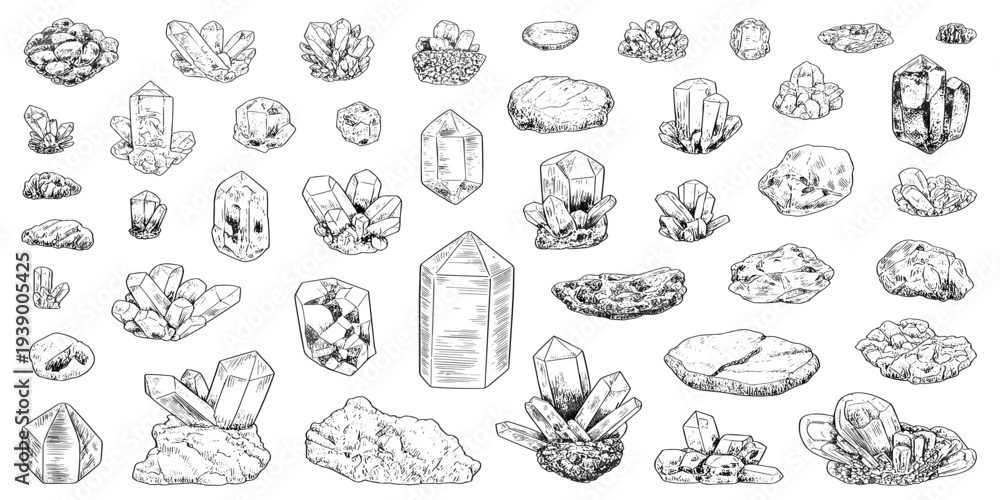 Obraz premium Collection of Hand- Drawn Crystal and Rock Illustrations in Sketch Style Keywords: crystals, rocks, minerals, gemstones, geology