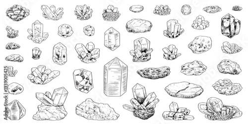 Collection of Hand- Drawn Crystal and Rock Illustrations in Sketch Style Keywords: crystals, rocks, minerals, gemstones, geology