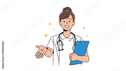 Smiling female doctor or nurse in white uniform holding a blue clipboard and gesturing with her hand for medical consultation.