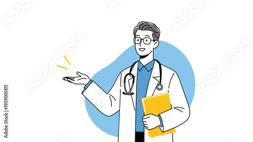 Male medical doctor in white coat and glasses holding a yellow folder and gesturing with his palm upward for medical presentation.