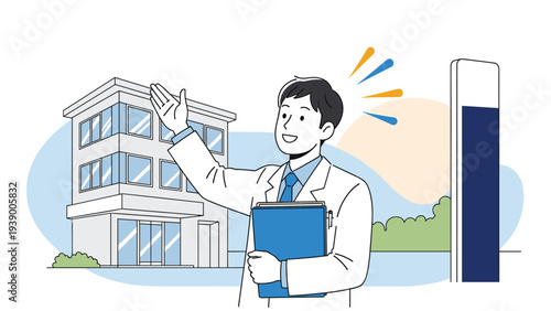 Smiling male doctor holding a blue folder and pointing towards a multi story medical building or clinic for healthcare service.