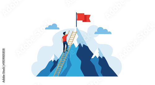 Person standing on mountain with flag.