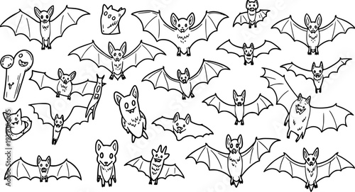 Black and White Line Art Hand-Drawn Cartoon Bats Collection. Cute vector illustrations for Halloween, nature, animals, and whimsical design projects.