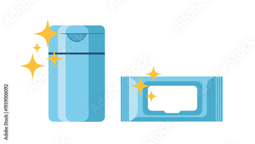 Blue plastic bottle and a pack of wet wipes with golden star sparkles representing cleanliness and hygiene for home sanitation.