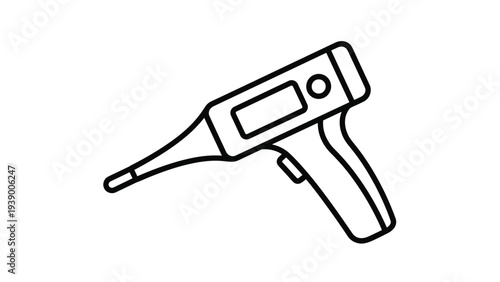 Black outline illustration of a handheld digital infrared thermometer gun for temperature measurement and medical screening.