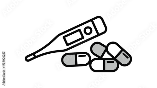 Digital medical thermometer and several medicine capsules pills shown in black and white line art for fever and illness treatment.