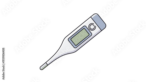 Digital medical thermometer with a light green screen display for measuring body temperature in a flat style for health check.