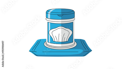 Blue plastic canister container of wet wipes and a separate package of moist towelettes for surface cleaning and hygiene.