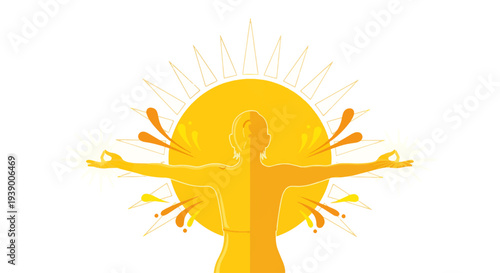 Woman in yoga pose radiating energy and peacefulness with sun