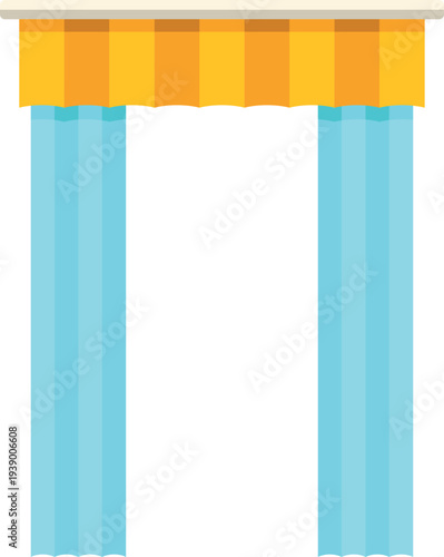 Window treatment featuring striped yellow valance and light blue curtains