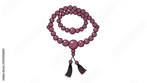 Circular string of purple buddhist prayer beads or juzu with two tassels on a plain white background for religious meditation.