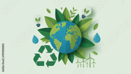 Earth surrounded by green leaves recycling symbol and renewable energy icons on a light green background representing eco friendly sustainable living and environmental