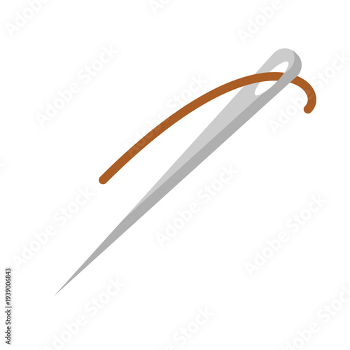 Sewing Needle Flat design style, thin metal needle with thread symbolizing hand sewing ideal for tailoring embroidery crafts and textile repair illustrations.