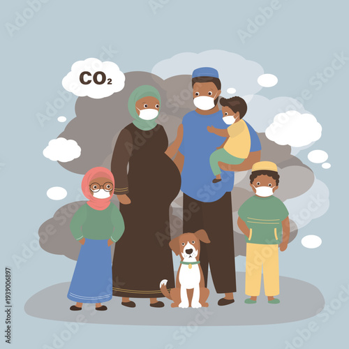 Arabic parents with children standing in smog. Group of muslim people wearing face masks for air pollution fumes as protection against respiratory problems. Carbon emissions