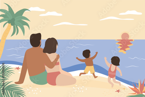 Parents and kids watching sunset. Happy father, mother and children on tropical beach. People looking at sea. Love, calm and relax. Family watching sunrise, happy characters