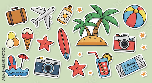 Tropical Beach Summer Card Set with Sand, Sea and Palm Trees, Starfish, Flip Flops and Beach Umbrellas – Colorful Vacation Flyer Templates for Holiday Party Invitations, Travel Posters and Coastal Eve