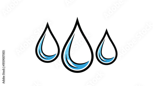 Three bright blue water drops falling on a plain white background representing purity, hydration, plumbing, or environmental conservation efforts.