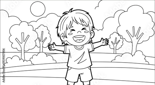 Happy little boy standing outside smiling.