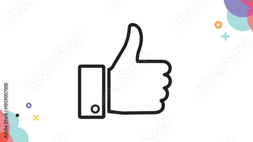 Black outline of a thumbs up hand gesture on a white background with colorful decorative geometric patterns for positive feedback.