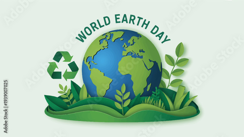 World earth day illustration with green globe recycling symbol and lush foliage on a light background