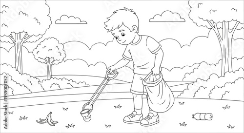 Boy picking up dog poop outdoors.
