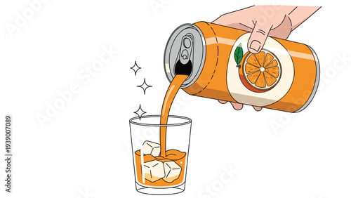 Refreshing orange juice being poured from a bright orange aluminum can into a clear glass filled with cold ice cubes on a white background.