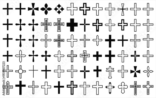 Collection of diverse cross symbols and icons in black and white