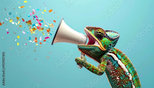 Vibrant chameleon shouts through a megaphone amidst a burst of colorful confetti against a serene cyan backdrop
