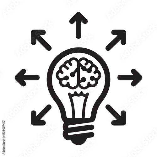 Brainstorming and Idea Generation Concept: Lightbulb with Brain and Outward Arrows