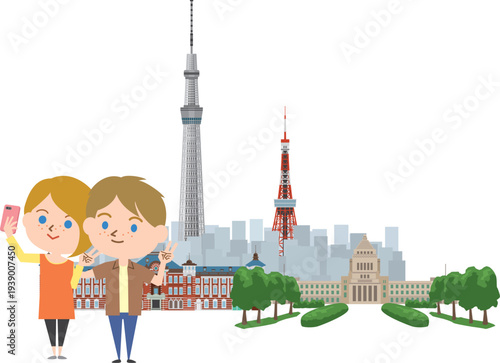 都心で自撮りをしている外国人