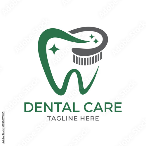 Dental care logo with green tooth and toothbrush