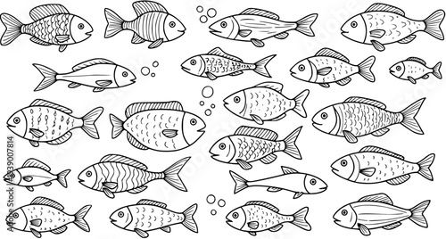 Black and White Line Art Fish Collection. Hand Drawn Outline Marine Life Doodles for Aquatic Animals, Fishing, and Seafood Industry Designs.
