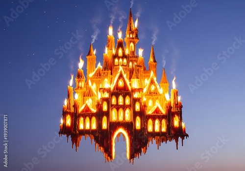 Fantasy castle with illuminated windows floating.