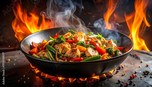 A sizzling hot wok filled with stir-fried vegetables