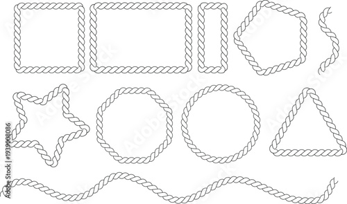 Decorative Nautical Rope Frame Border Collection with Square Rectangle Octagon Star Circle Triangle and Curved Rope Line Vector Illustration.